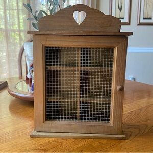 Wooden Wall Cabinet with Heart Cutout and Wire Mesh Door - Brown